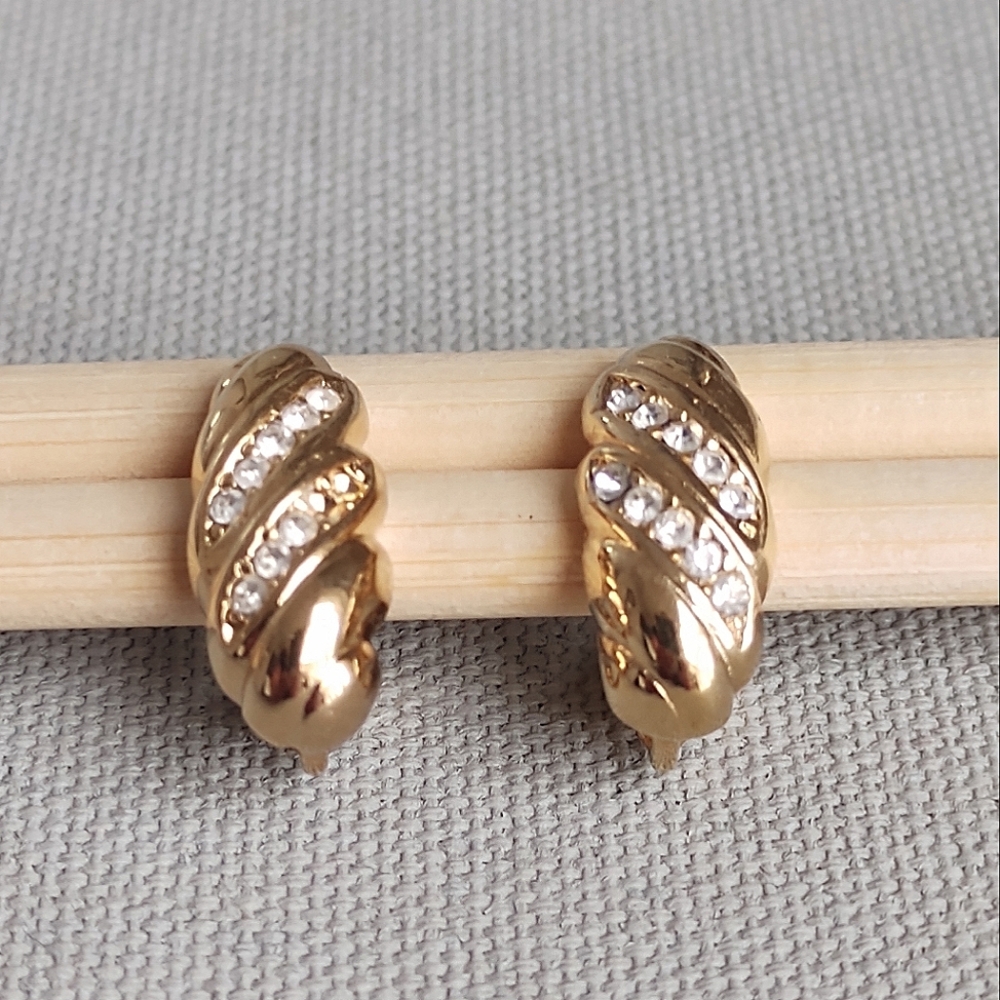 DIOR | Gold Plated with Clear Stones Clip On Earrings | Vintage